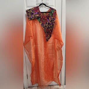 African Print Vibrant Orange Sheer Dress with Multicolor Pattern